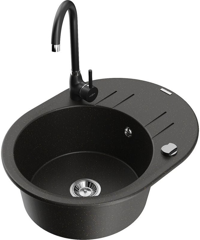 Kevin 1 Becken-Granitspüle mit Abtropffl√§che und Mischbatterie Telma, Schwarz/Gold metallisch - 6517-75-670200-70 - Mex...