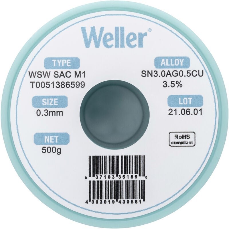 Weller - T0051386599 Lötzinn, bleifrei Spule, bleifrei Sn3,0Ag0,5Cu 500 g 0.30 mm