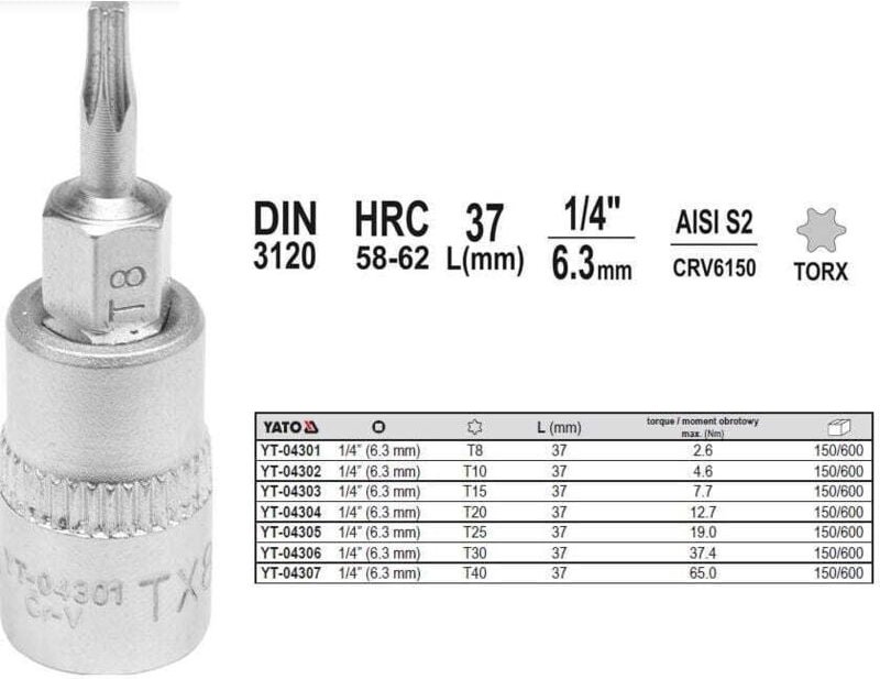Thumbnail - Torx-schlüssel 1/4' T40 L37MM YT-04307 Yato