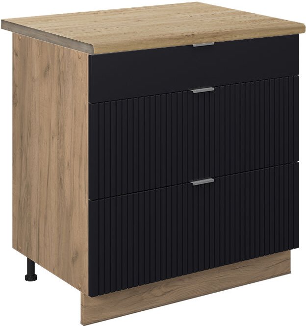 Vicco - Küchenunterschrank Fame-Line, Schwarz gestreift, 80 cm mit 3 Schubladen, ap Eiche