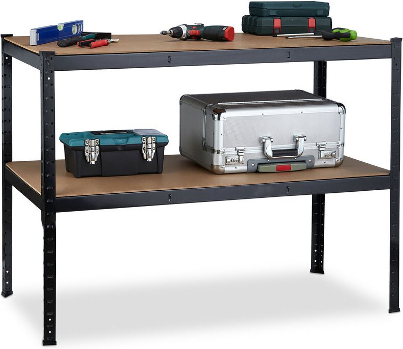 Werkbank, 2 Ebenen, höhenverstellbar, Werktisch, zum Stecken, Werkstatt, Stahl, mdf, hbt 90x120x60 cm, schwarz - Relaxda...