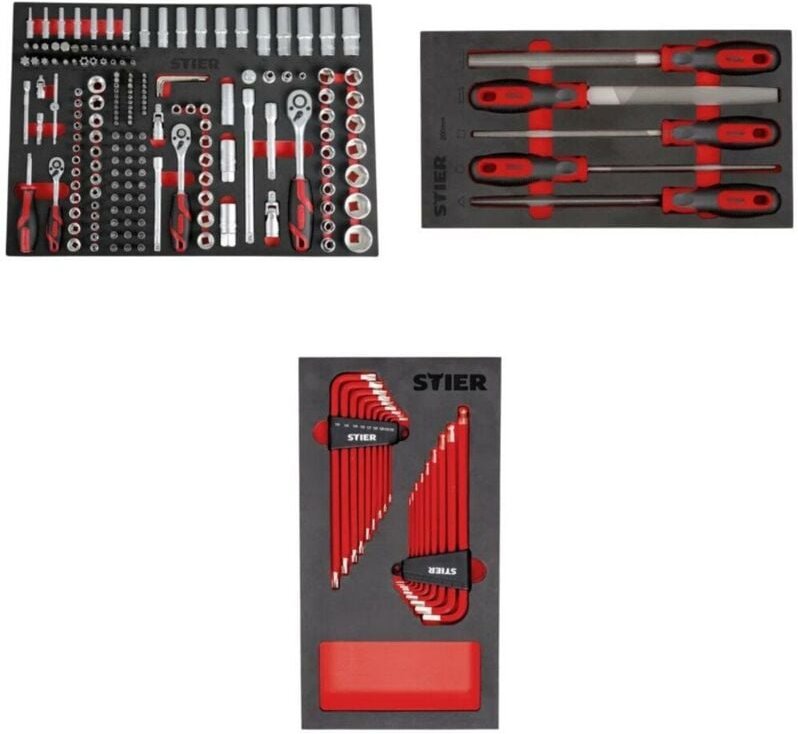 STIER Set: Winkelschraubendreher (16-tlg.), Feilen (5-tlg.), Steckschlüssel (179-tlg.) in Weichschaumeinlagen (EVA)