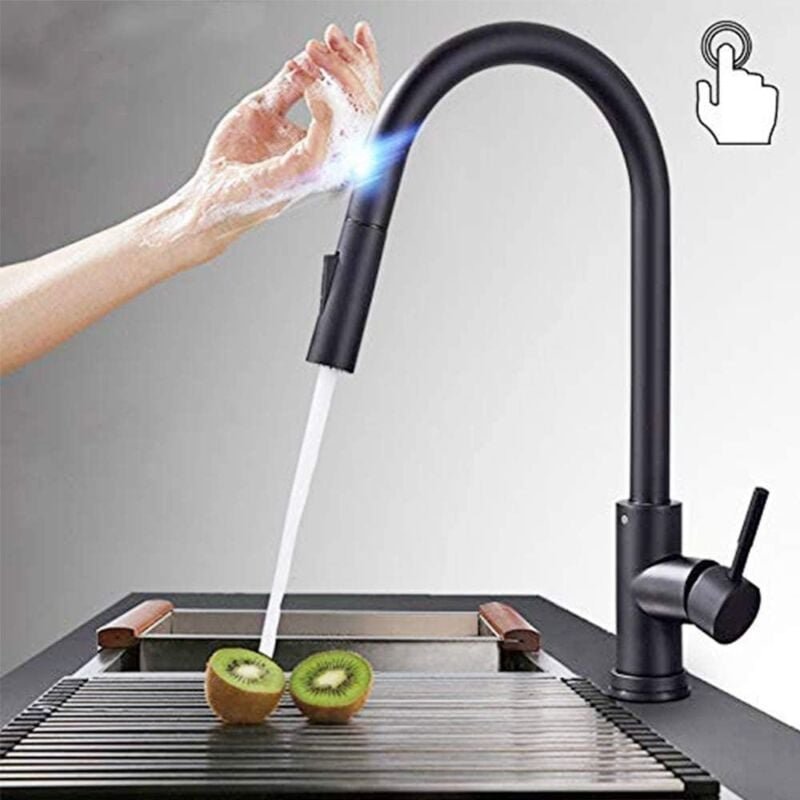 Thumbnail - Schwarzer Küchenarmatur mit Touch-Sensor aus Edelstahl, Zweiwege-Mischbatterie für die Küchenspüle mit herausziehbarer B...