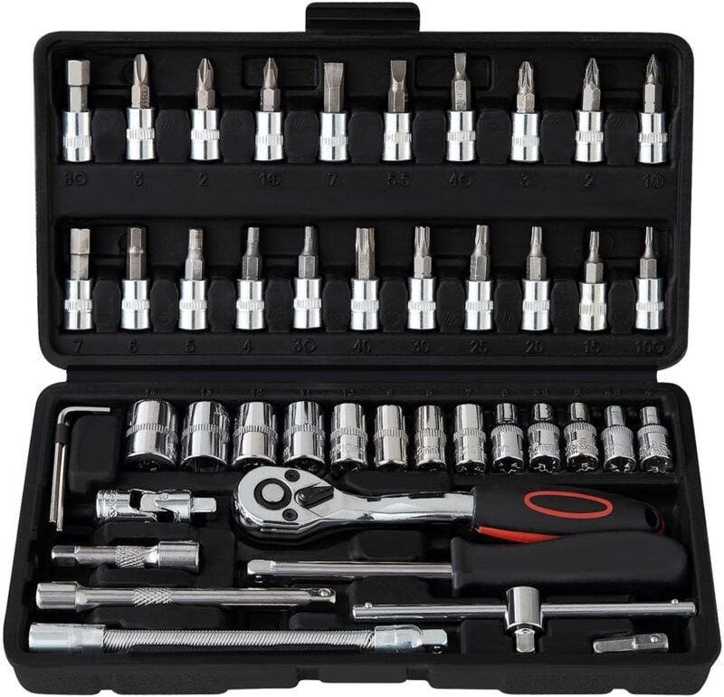 46-teiliges Cr-V-Flachratschenschlüssel- und Steckschlüssel-Set, 1/4-Zoll-Ratschenschlüssel mit 72 Zähnen, Ratschen-Flac...