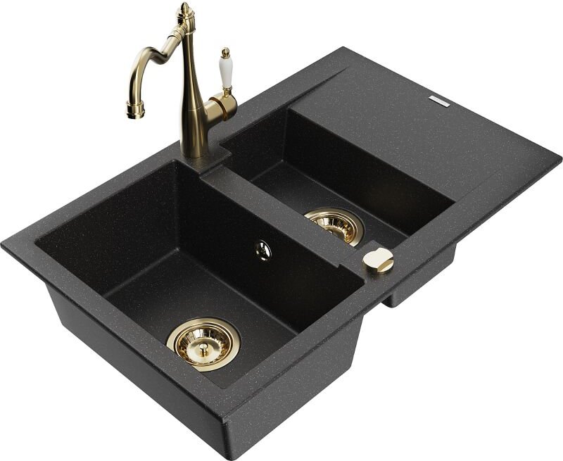 Gaspar 1,5-Becken-Granitspüle mit Abtropffläche und Mischbatterie Carla Schwarz/Silbermetallic - Mexen