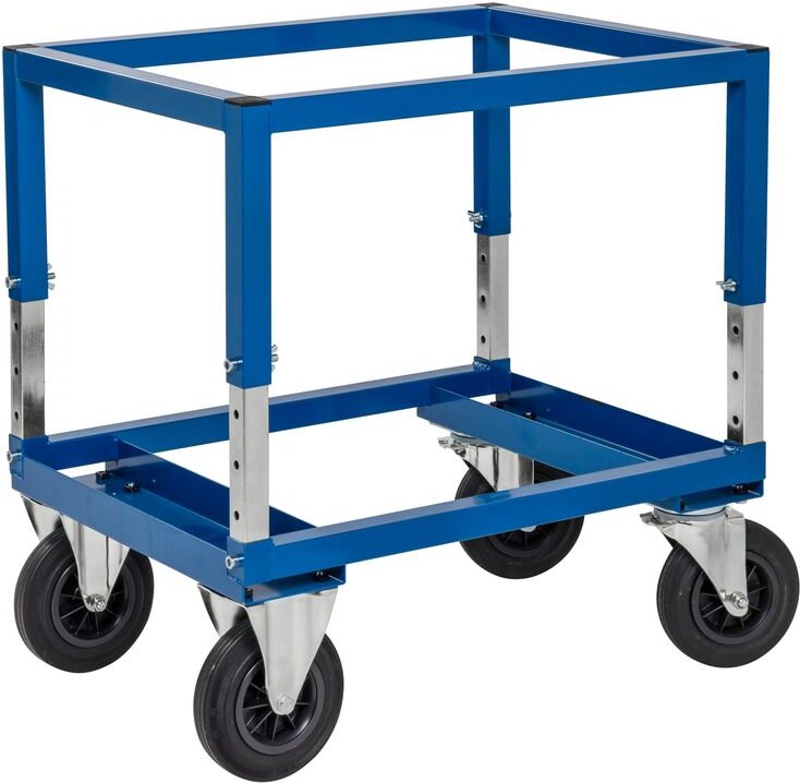 Kongamek Palettenwagen in blau 654mm hoch, höhenverstellbar mit Bremse für Halbpaletten 800x600mm