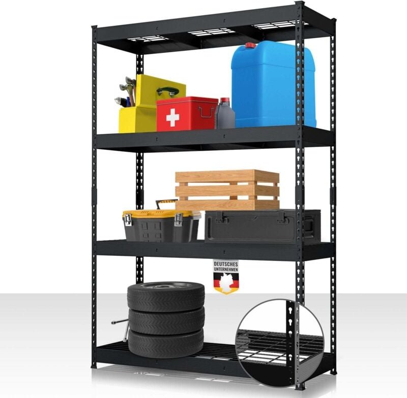 Schwerlastregal Yukon Rivet Stahlregal mit Gitterböden Schwarz 180 x 120 x 45 cm, 4 Etagen