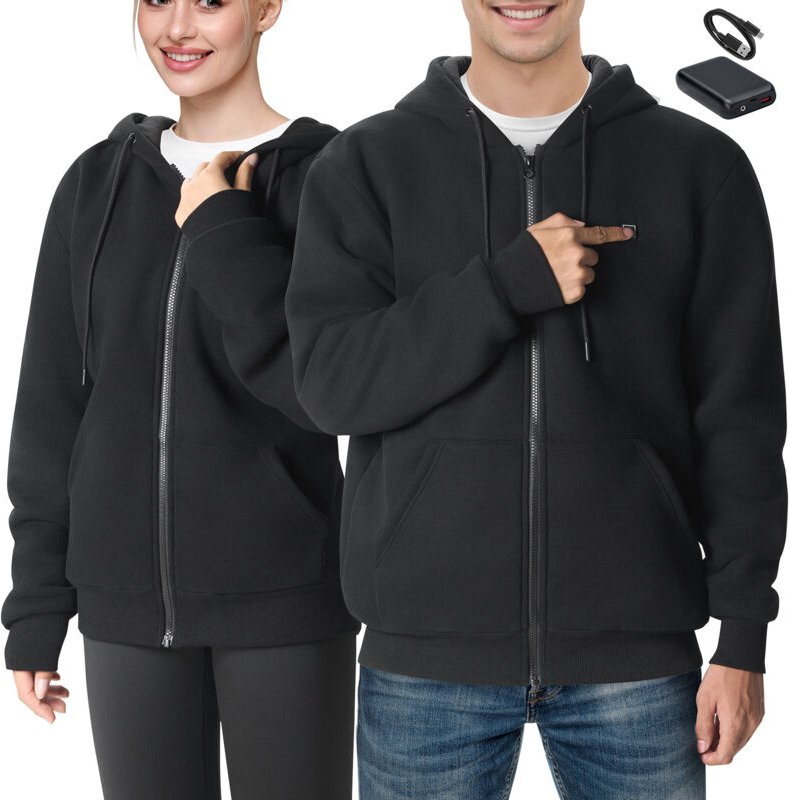 Beheizter Hoodie, 5 Heizzonen, Unisex, Camping, 7,4V, Polyester-Baumwolle, Schwarz, xxl, Reißverschluss, Outdoor-Pullove...