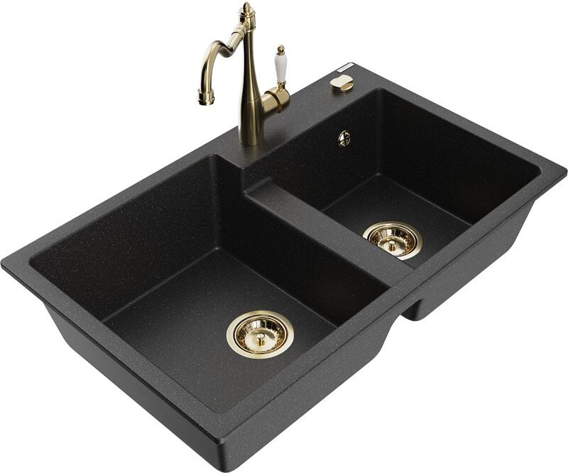 Mexen Tomas 2-Becken-Granitspüle mit Mischbatterie Carla, Schwarz/Silbermetallic - 6516-73-670700-50