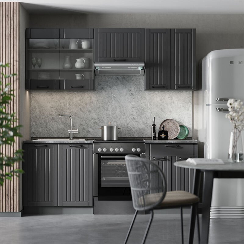 Küchenzeile Fame-Line, Dunkelgrau, 200 cm , AP Eiche, Vicco