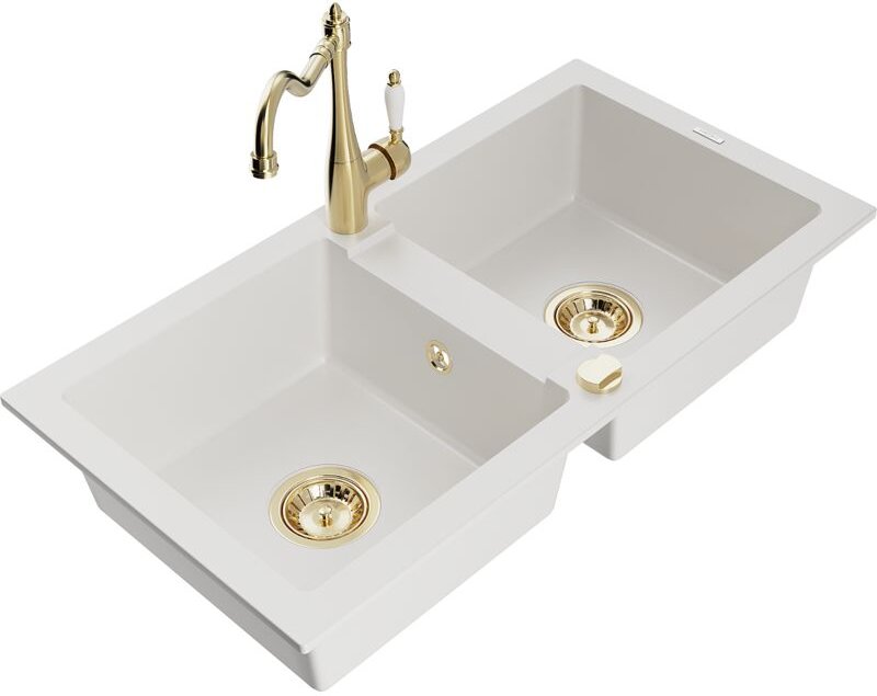 Mexen Mario 2-Becken-Granitspüle mit Mischbatterie Carla, Weiß - 6504-20-670700-50