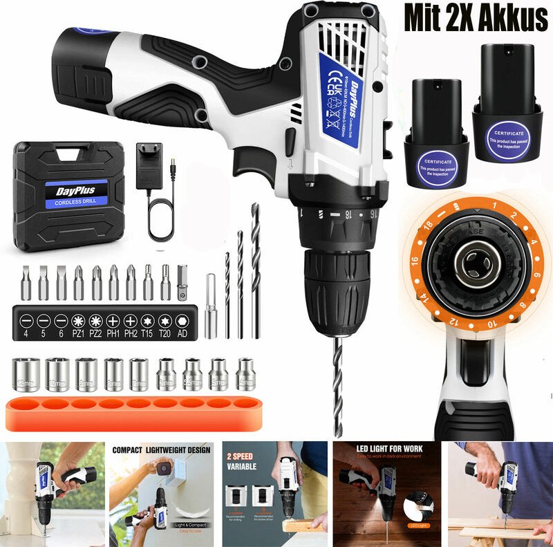 Akkuschrauber Set Akku Bohrschrauber Bohrmaschine LED-Licht + 2X Akkus Ladegerät