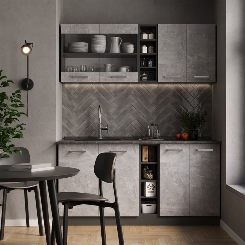 Vicco - Singleküche R-Line, Beton/Anthrazit, 160 cm , ap Eiche