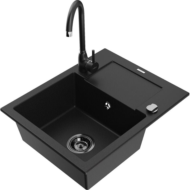 Enzo 1 Becken-Granitspüle mit Abtropffl√§che und Mischbatterie Telma, Schwarz - 6506-77-670200-70-B - Mexen