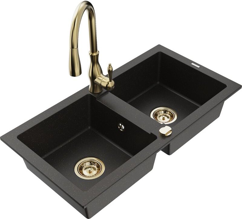 Mario 2-Becken-Granitspüle mit Mischbatterie Savita, Schwarz/Gold metallisch - 6504-75-672601- - Mexen