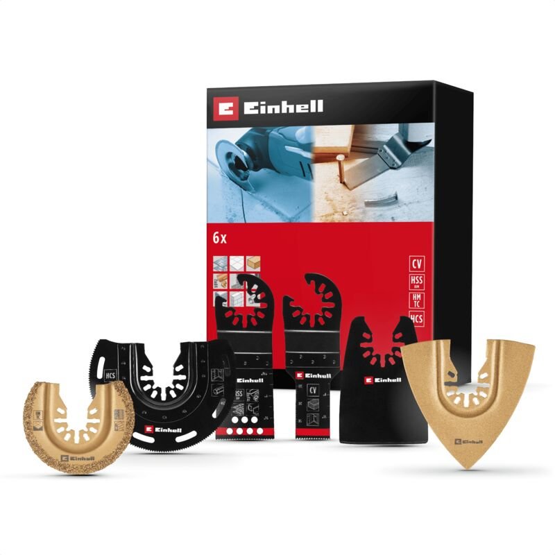 Original Einhell 6-tlg. Multitool-Set (BIM-Tauchsägeblatt, HCS-Halbrundsägeblatt, CrV-Tauchsägeblatt, Hartmetall-Halbrun...