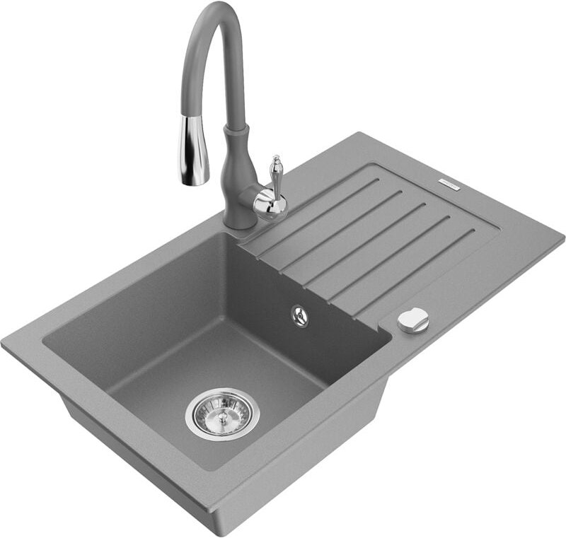 Pablo 1 Becken-Granitspüle mit Abtropffläche und Mischbatterie Savita, Grau - 6510-71-672601-7 - Mexen