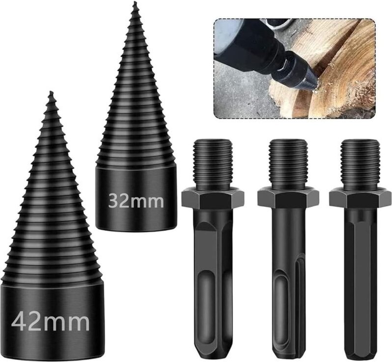 Holzspaltbohrer (42 mm und 32 mm), Holzspaltbohrer, langlebiges Spaltschraubenkegel-Holzhackwerkzeug mit 3 Bohrgriffen, ...