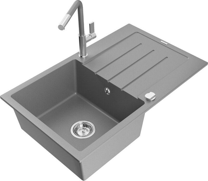 Bruno 1 Becken-Granitspüle mit Abtropffläche und Mischbatterie Flora, Grau - 6513-71-670401-06 - Mexen