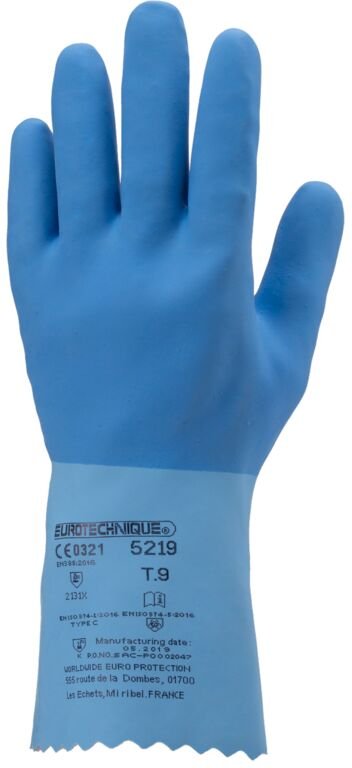 Pack mit 12 Paar blauen Latexhandschuhen auf Baumwolljersey, klebrig, Größe 10