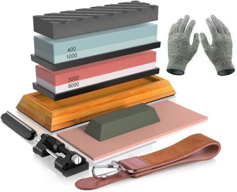 Schleifstein-Set, professionelles Messerschärfer-Set 400/1000 3000/8000, Abflachungssteine, Winkelführung, Lederband und...