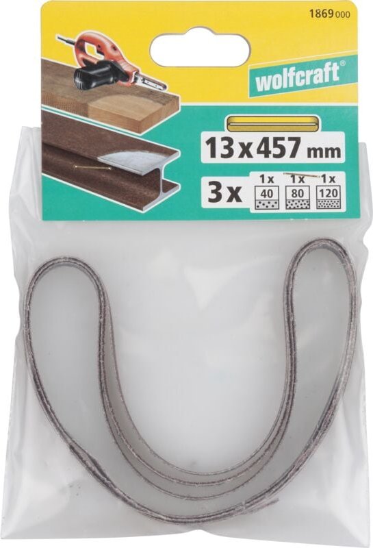 Gewebeschleifbänder K40/80/120 13 x 457 mm 3 Stück für Bandschleifer - Wolfcraft