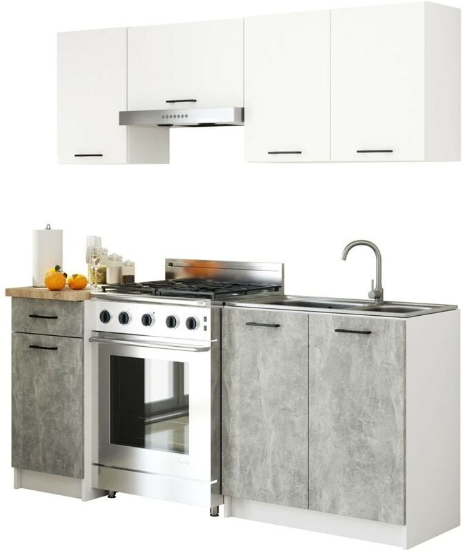 Akord - Küchenmöbelset oliwia Weiß 180 cm 7 Turen Schublade 8 Ebenen Front Beton B180 x H203 x T46 cm