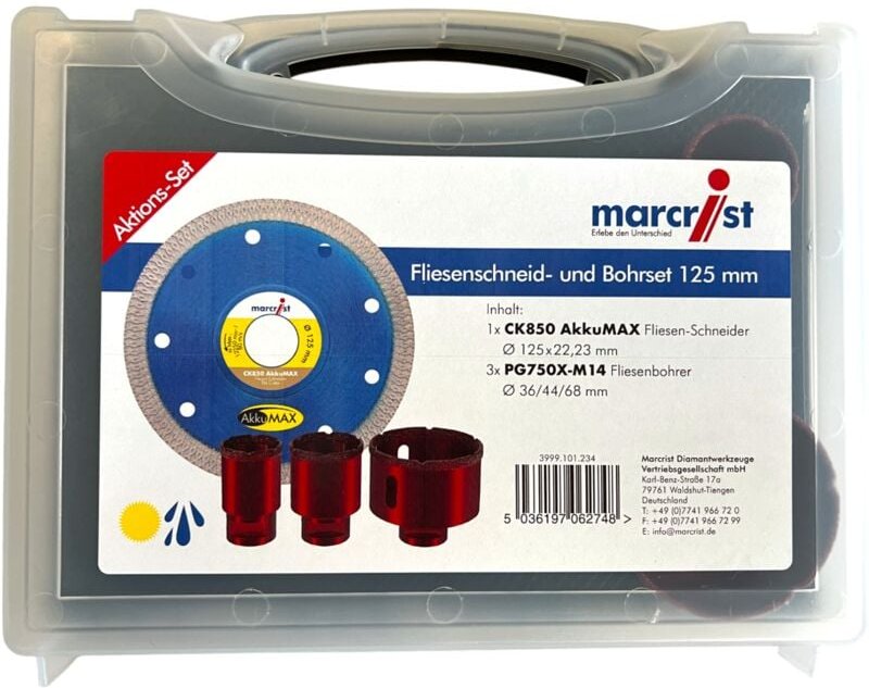 Thumbnail - Marcrist Fliesenschneid- und Bohr Set 125 mm + 1x Trennscheibe + 3x Trockenbohrer ( 3999.101.234 ) + Koffer