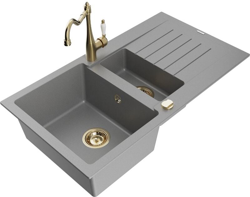 Mexen Matias 1,5-Becken-Granitspüle mit Abtropffläche und Mischbatterie Carla, Grau - 6502-71-670700