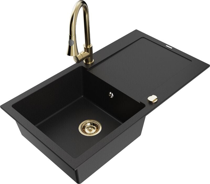 Mexen Leo 1 Becken-Granitspüle mit Abtropffläche und Mischbatterie Elia, Schwarz - 6501-77-670101-50