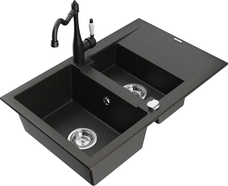 Gaspar 1,5-Becken-Granitspüle mit Abtropffläche und Mischbatterie Carla, Schwarz/Gold metallis - Mexen