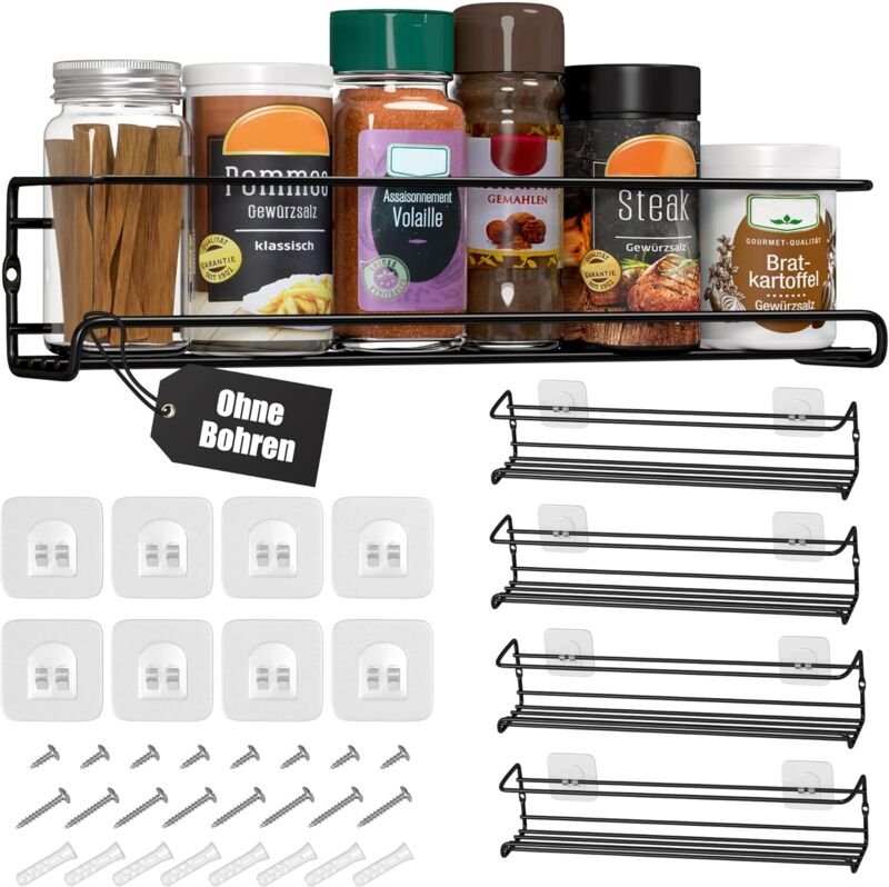 Set aus 4 Wandgewürzregalen aus Metall mit Klebe- oder Schraubbefestigung, Schwarz