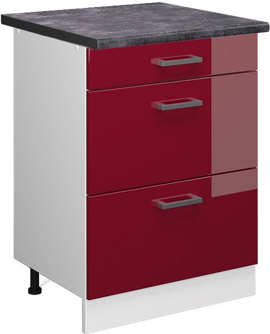 Küchenunterschrank R-Line, Bordeaux Hochglanz, 60 cm mit Schubladen, ap Anthrazit Vicco