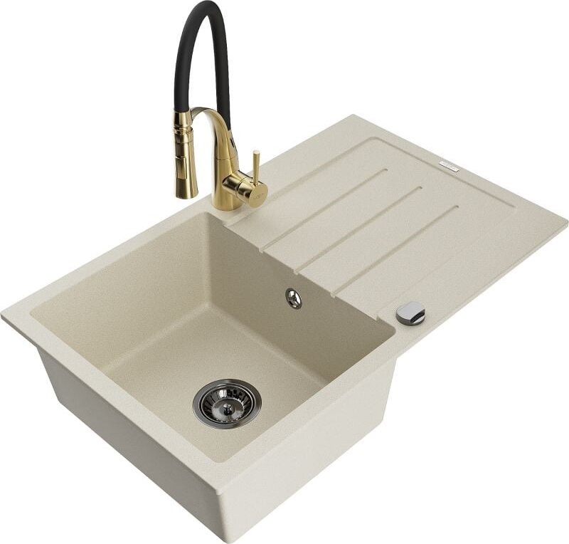 Bruno 1 Becken-Granitspüle mit Abtropffl√§che und Mischbatterie Aster, Beige - 6513-69-73450-57-B - Mexen