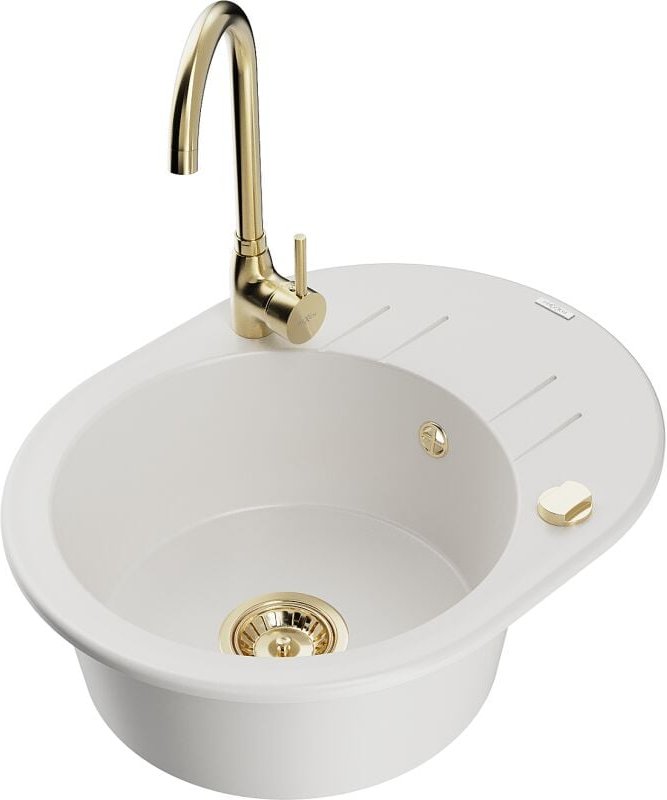 Kevin 1 Becken-Granitspüle mit Abtropffl√§che und Mischbatterie Telma, Wei√ü - 6517-20-670200-50 - Mexen