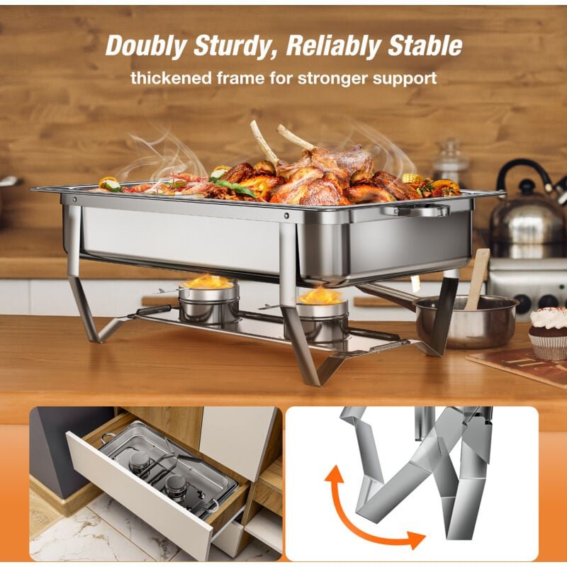 4-tlg Speisenwärmer Edelstahl, Chafing Dish Speisenwärmer, 2x GN Vollformat + 1x GN 1/2 + 1x GN 1/3 Behälter