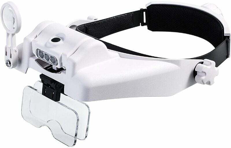 Kopfbandlupe mit 3 LED-Leuchten, beleuchtetes Lupenvisier mit 5 abnehmbaren Linsen 1X, 1,5X, 2X, 2,5X, 3X, 3,5X, freihän...