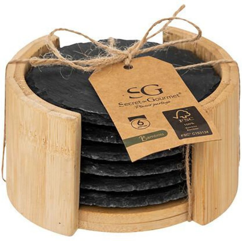 Set mit 6 Untersetzern aus Naturschiefer, Bambus-Organizer