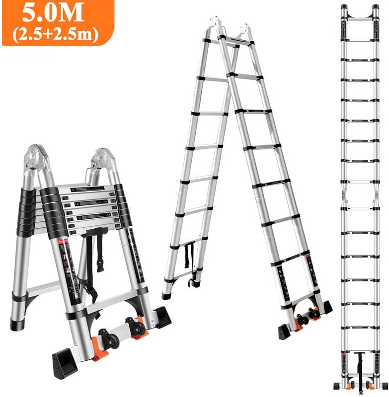 Thumbnail - Teleskopleiter 5,0m Aluminium Leiter mit 2 Rädern (2,5m + 2,5m), Multifunktions-Klappleiter für 150 kg, Schwarz-Silber