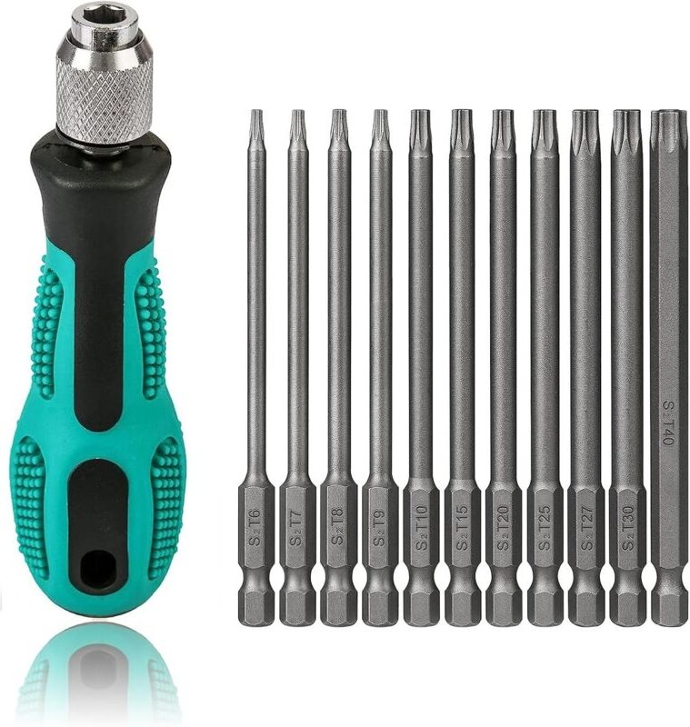 T6-T40 Torx-Schraubendreher, 12-teilig, 100 mm lang, Torx-Magnet-Bit-Set mit T30 und Griff, 1/4 Zoll Sechskantschaft, Ak...