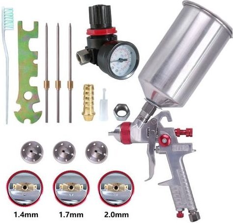 HVLP-Farbspritzpistolen-Set mit 1000-ccm-Aluminiumtank, 3 Düsen 1,4 mm, 1,7 mm, 2,0 mm (rot)