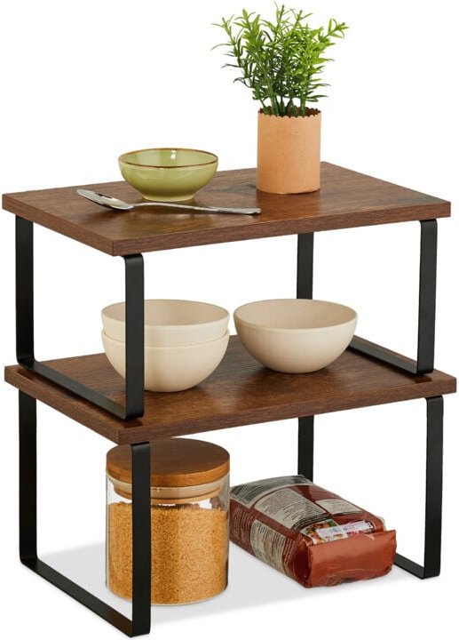 Relaxdays - Tischregal 2-tlg. Set, Küchenorganizer für Gewürze, Geschirr uvm., stapelbar, Industrial Design, braun/schwa...