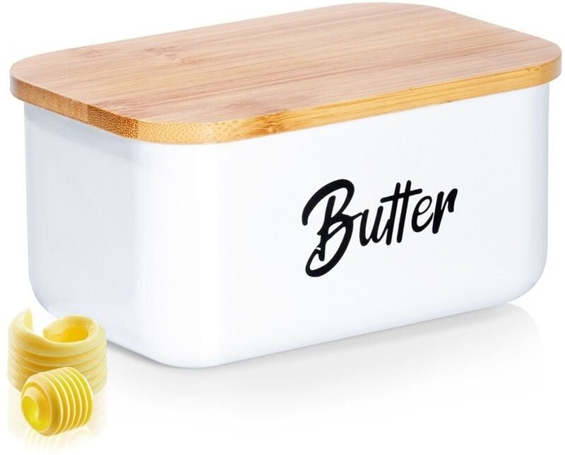 Butter change in white steel with bamboo lid and butter text
