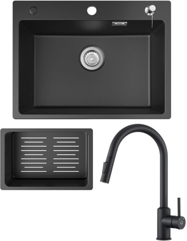 Cecipa Max - Küchenspüle 60x45cm Granitspüle Anthrazitschwarz Mit Seifenspender + Ausziehbarer Küchenarmatur Schwarz Mit...