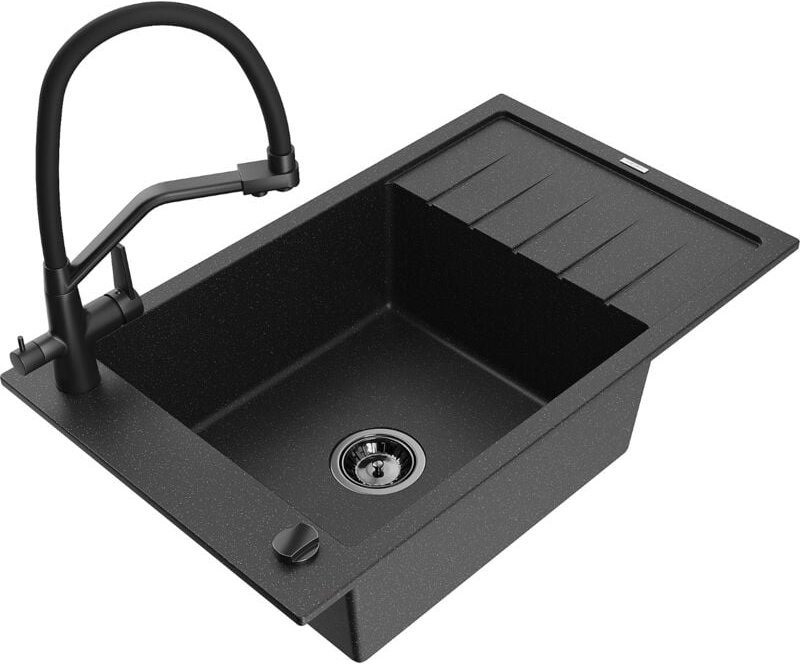 Elias 1 Becken-Granitspüle mit Abtropffläche und Mischbatterie Duo, Schwarz/Silbermetallic - 6 - Mexen