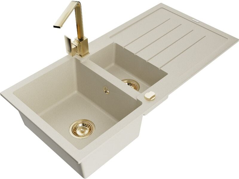 Mexen Andres 1,5-Becken-Granitspüle mit Abtropffläche und Mischbatterie Rita, Beige - 6515-69-670300