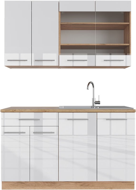 Vicco - Singleküche Fame-Line, Weiß Hochglanz/Goldkraft Eiche, 140 cm , ap Eiche