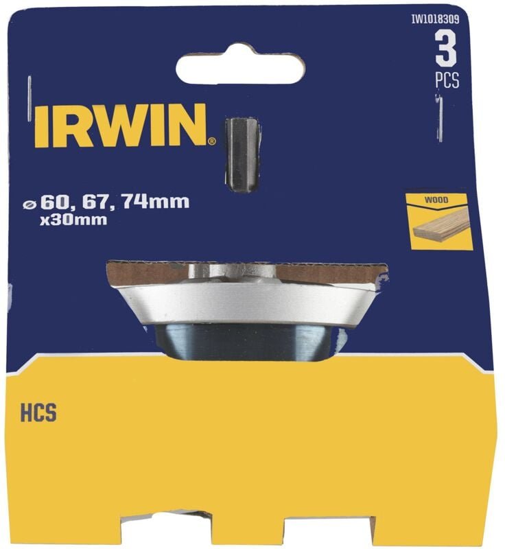 Irwin - otwornice do drewna hcs 60, 67 i 74mm x 30mm do drewna z trzpieniem mocującym i wiertłem centr