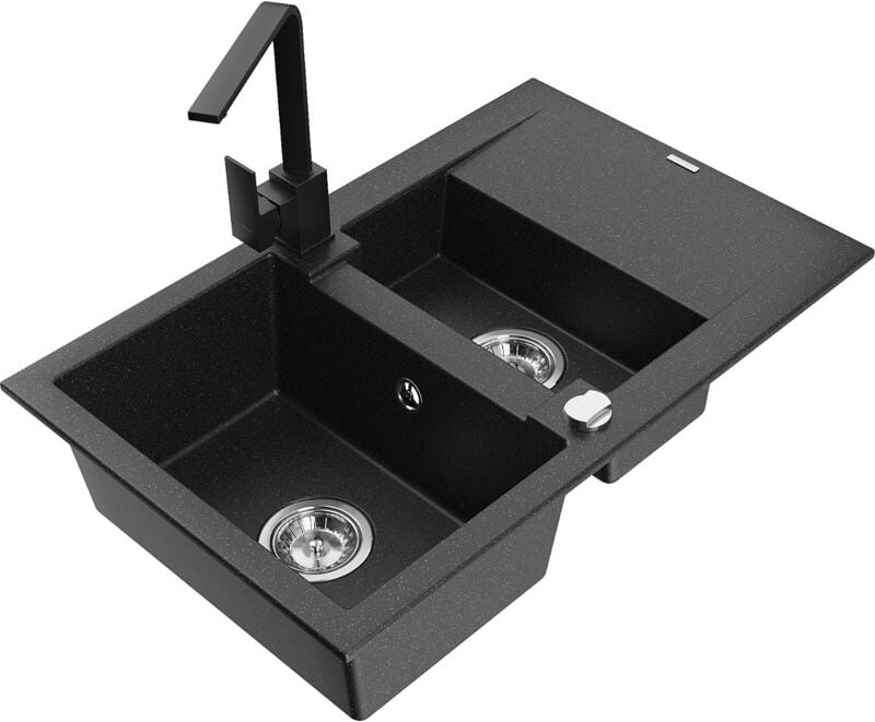 Gaspar 1,5-Becken-Granitspüle mit Abtropffläche und Mischbatterie Rita, Schwarz/Silbermetallic - Mexen