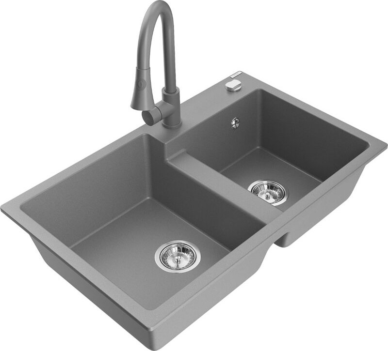 Thumbnail - Tomas 2-Becken-Granitspüle mit Mischbatterie Elia, Grau - 6516-71-670101-71 - Mexen